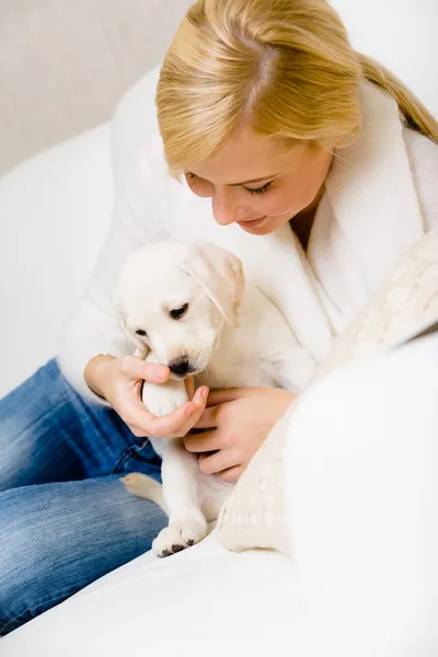 Woman plays with white puppy on the sofa — Stock Photo, Image