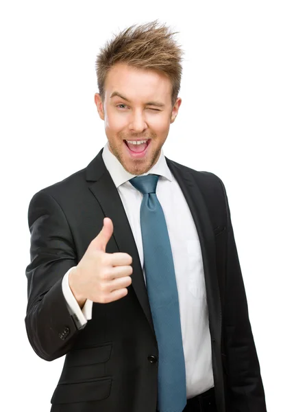 Half-length portrait of thumbing up white collar — Stock Photo, Image