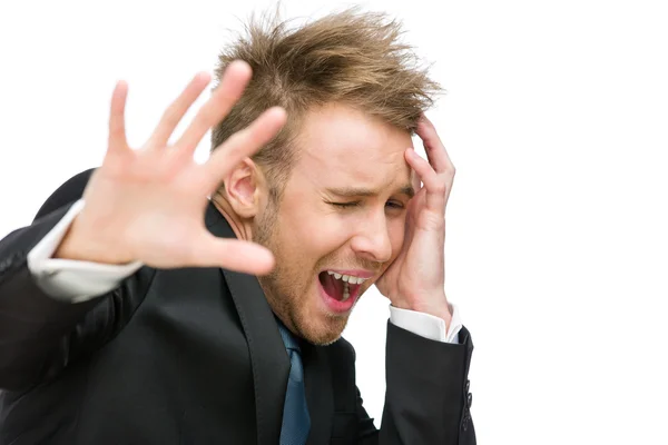 Asustado y gritando hombre de negocios dejar de gestos —  Fotos de Stock
