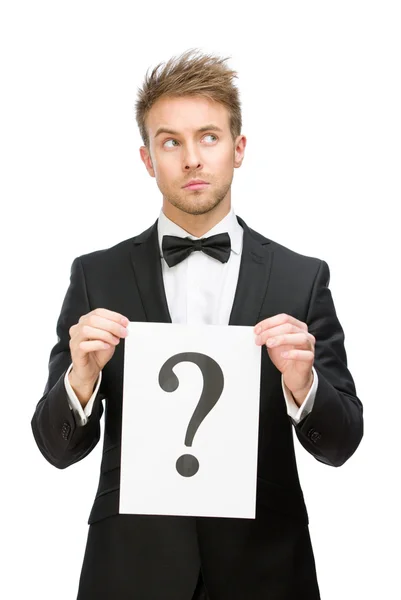 Businessman handing question mark — Stock Photo, Image