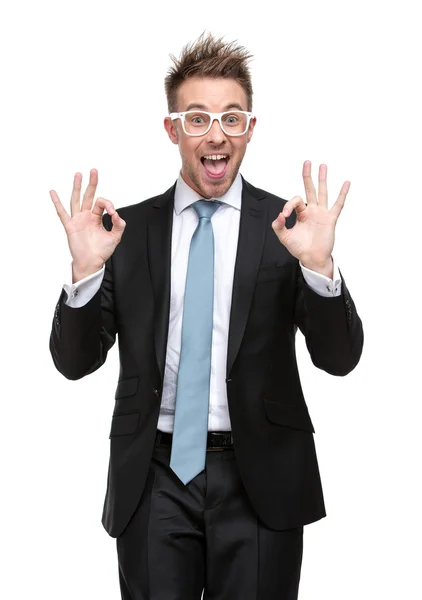 Businessman in glasses OK gesturing — Stock Photo, Image