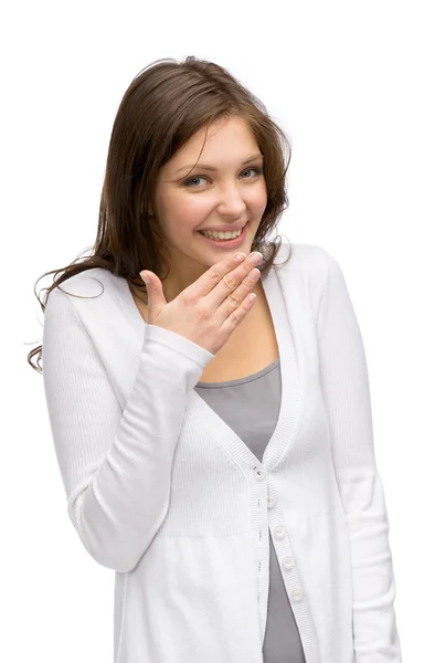 Woman covers mouth — Stock Photo, Image