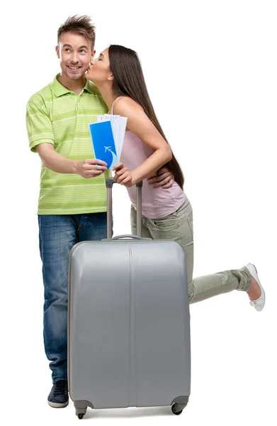 Couple with suitcase and tickets — Stock Photo, Image