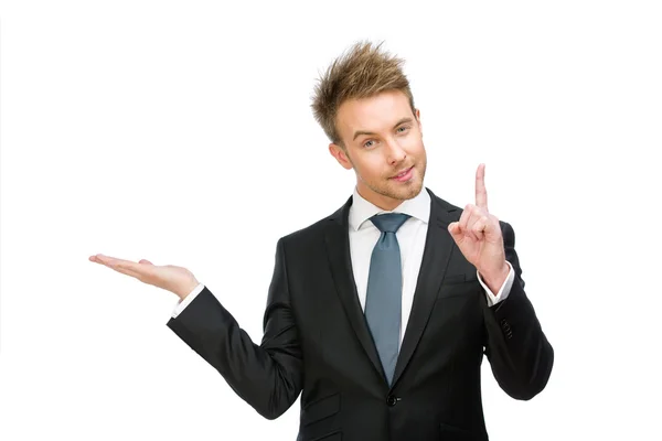 Homem de negócios com palma para cima gestos de dedo indicador — Fotografia de Stock