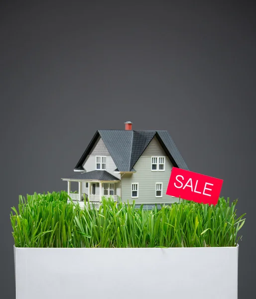 Close up view of house model with grass and sale tablet — Stock Photo, Image