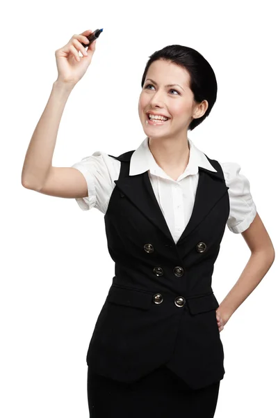 Young business lady writing on the invisible screen — Stock Photo, Image