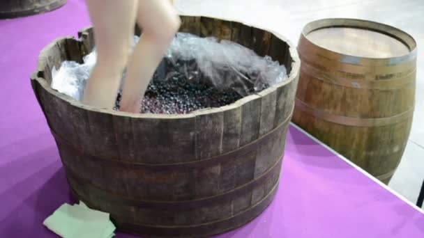 Vin bearbetning av ung kvinna släpar i trä fat, drink förberedelse. — Stockvideo