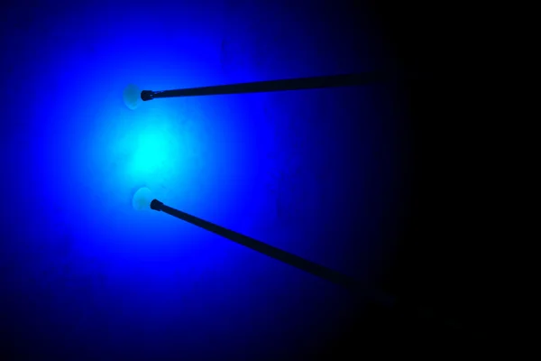 Luce blu magica vicino a poche canne alpine, scienza sconosciuta . — Foto Stock