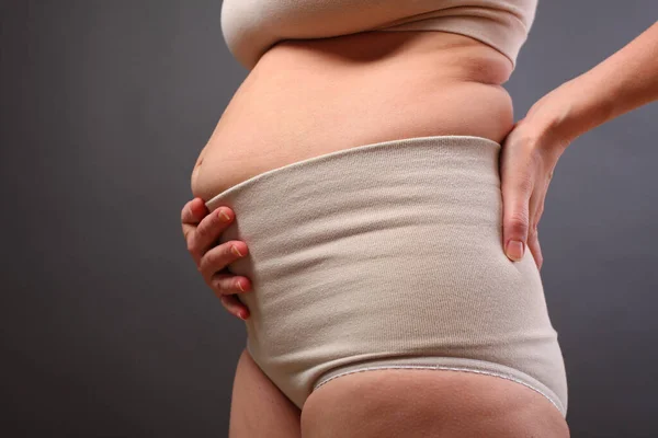 Excess Weight Belly Hands Young Woman Giving Birth — Stock Photo, Image