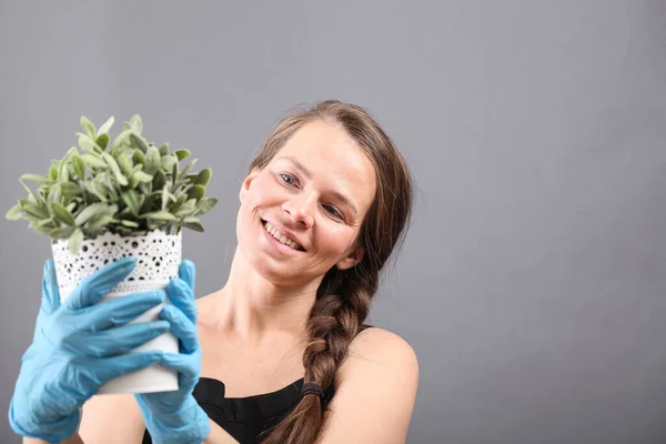 Young Woman Gloved Hands Holding Potted Plant — Stock Photo, Image