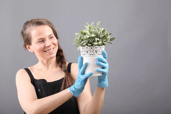 Young Woman Gloved Hands Holding Potted Plant — Stock Photo, Image
