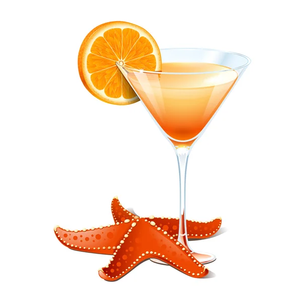 Cocktail all'arancia in un bicchiere e una stella marina isolata su fondo bianco. Copia raster del file vettoriale — Vettoriale Stock