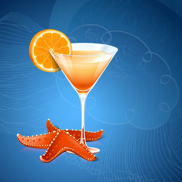 Cocktail all'arancia in un bicchiere e una stella marina — Vettoriale Stock