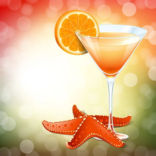Cocktail all'arancia in un bicchiere e una stella marina — Vettoriale Stock