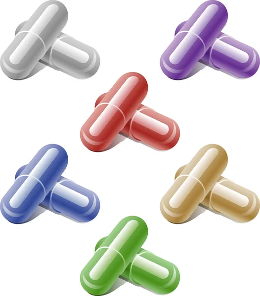 Σύνολο κάψουλες διαφόρων χρωμάτων με ένα φάρμακο — Διανυσματικό Αρχείο