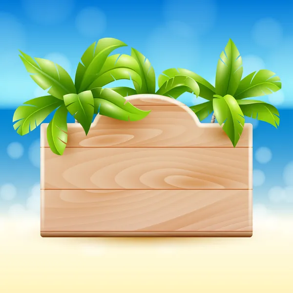 Иллюстрация тропического пляжа с деревянным знаком и кокосовыми пальмами — стоковый вектор