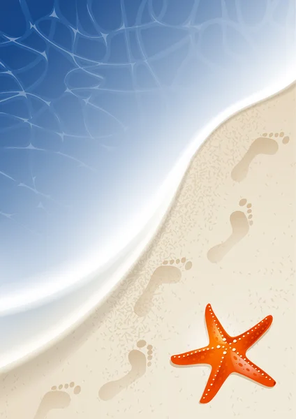 Sea shore with a red starfish on the sand — Stock Vector