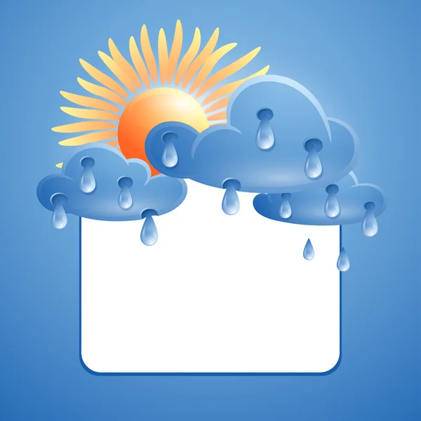 Ilustração sobre o tema do tempo com nuvens, chuva, sol e um quadro para texto — Vetor de Stock