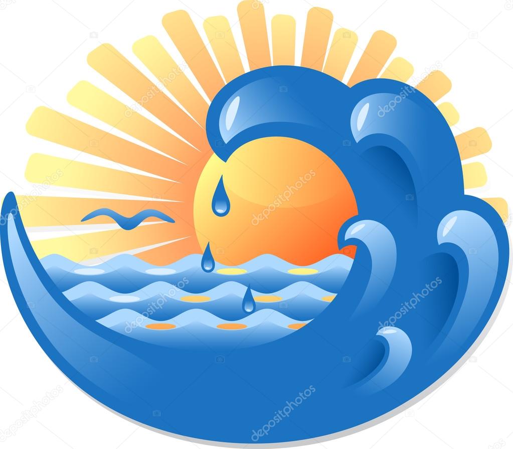 Illustration of a sea wave and sun design on the theme for the summer holidays. Raster copy of vector file