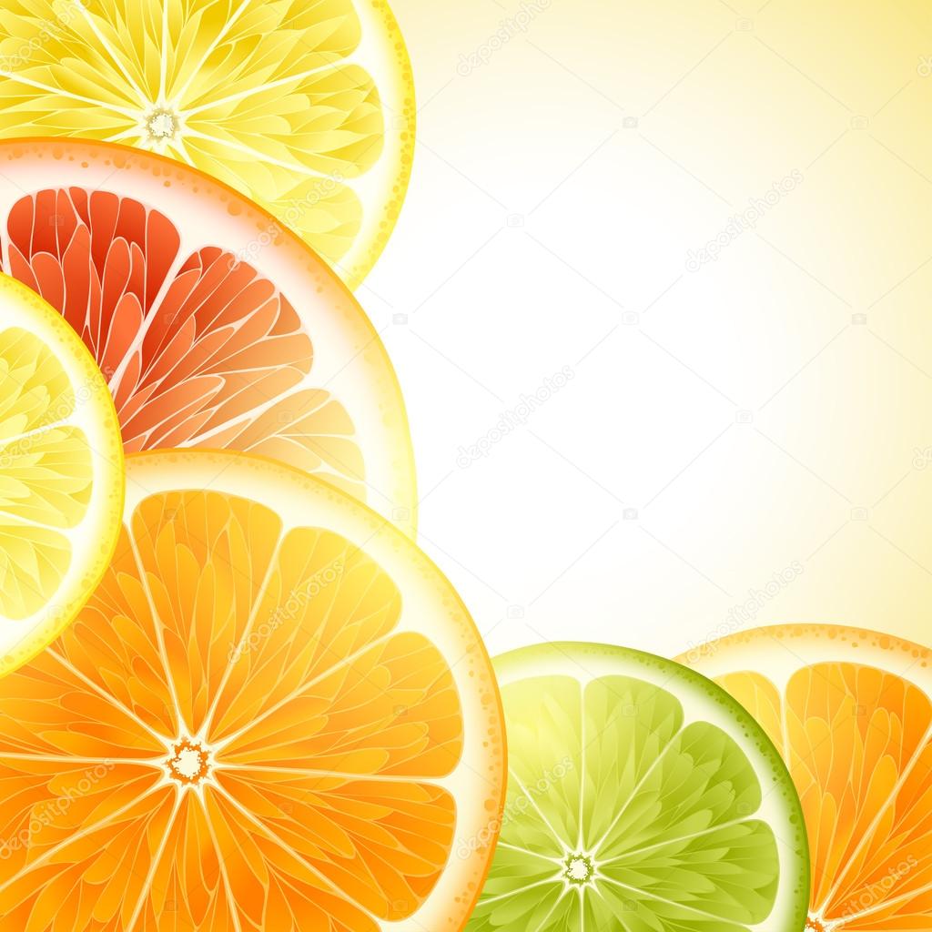 Vector background for design with fruits of an orange, a lemon, grapefruit and Lima