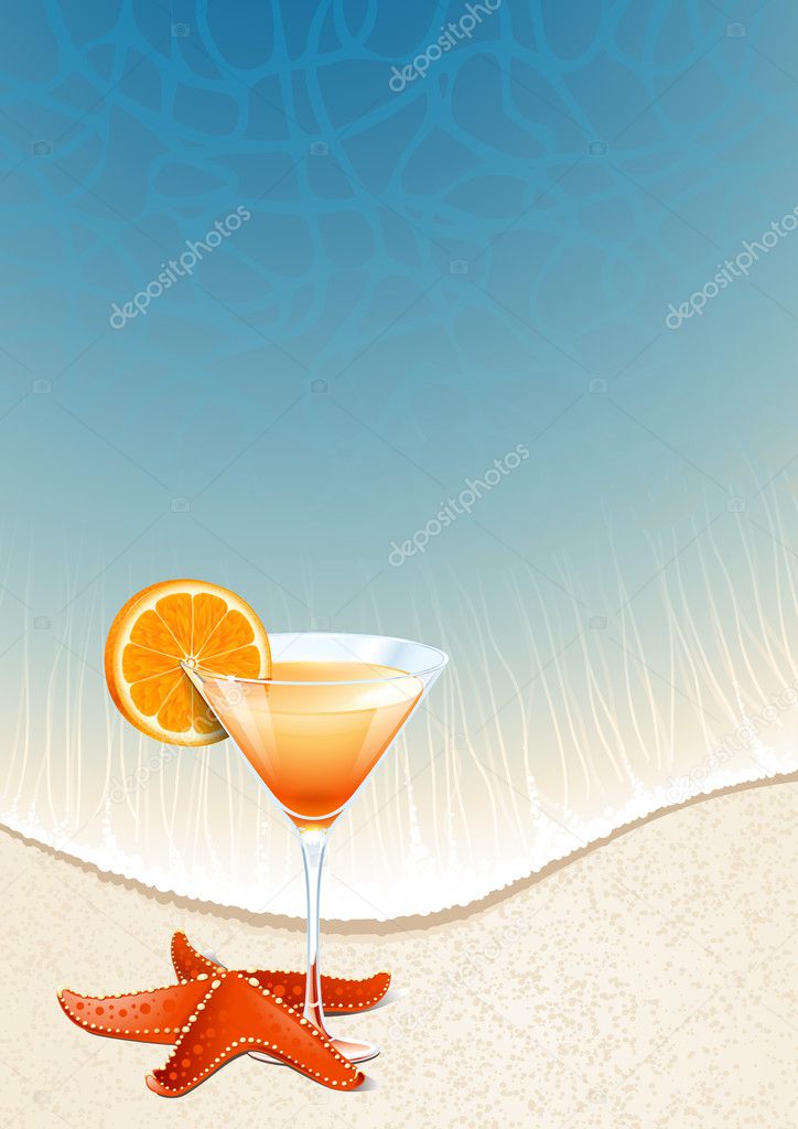 Vector background for design on a summer vacation. A cocktail with a slice of orange on the beach sand by the sea.