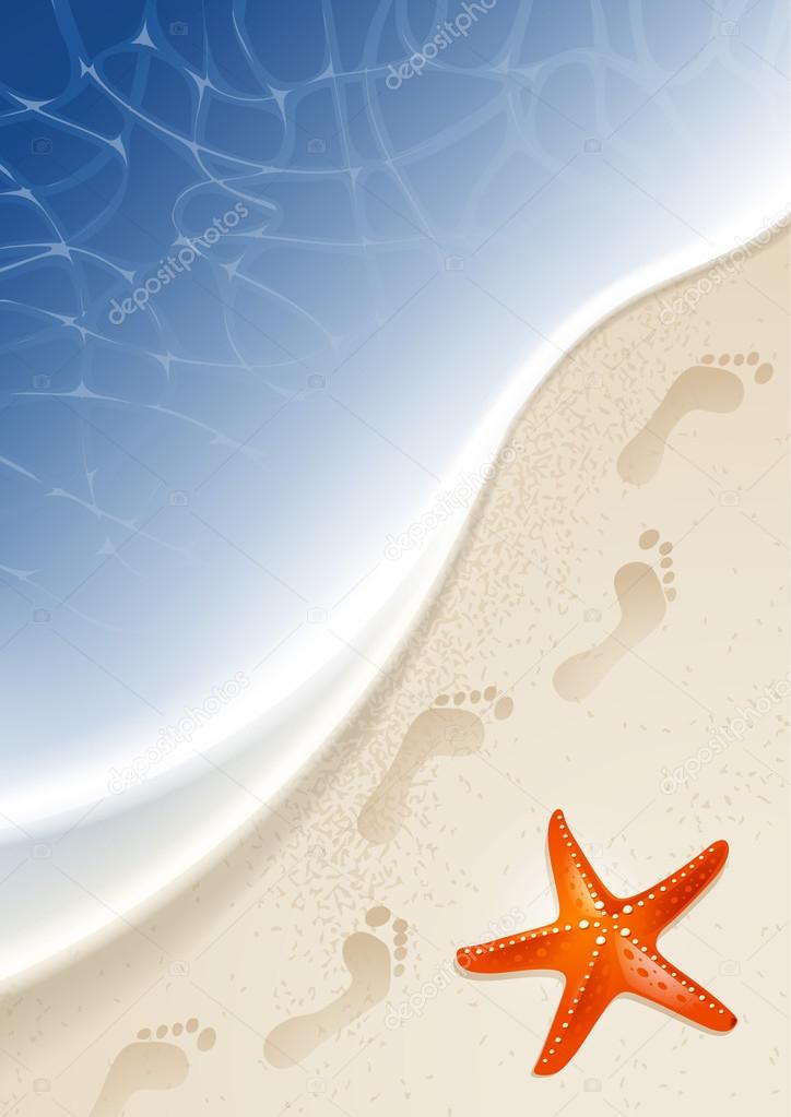 Sea shore with a red starfish on the sand