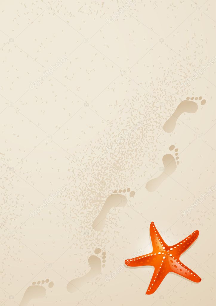 Red starfish on the sand with footprints