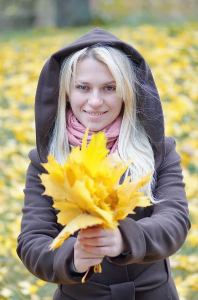 Chica con hojas de otoño — Foto de Stock