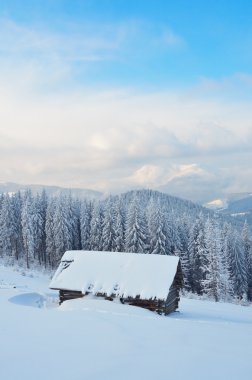 Dağlardaki ahşap kulübe.