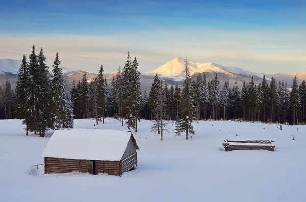 Дома в горной долине зимой — стоковое фото