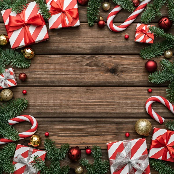 Sfondo Natale Con Una Cornice Decorativa Fatta Scatola Regalo Campane — Foto Stock