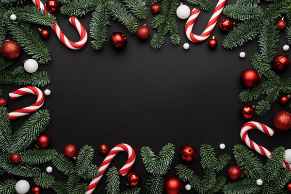 Fondo Nero Natale Layout Piatto Vista Dall Alto Spazio Copia — Foto Stock