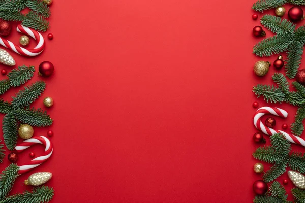 Piros Háttér Karácsonyi Dekorációk Másolja Helyet Szöveg — Stock Fotó