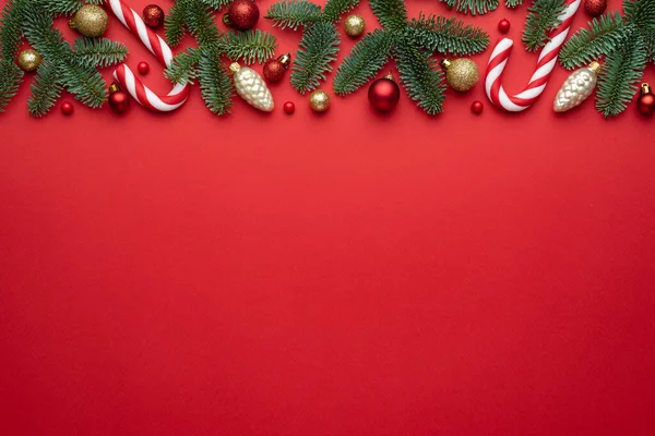 Red Christmas Background Decorative Border Made Fir Branches Tree Decorations — Stock Photo, Image