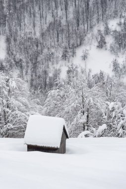 Winter view with a wooden hut in the snow after a snowfall in a mountain village