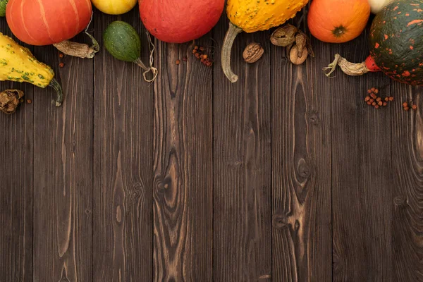 Pumpkins Decorative Gourds Vintage Wooden Background Witn Copy Space Text — Foto de Stock