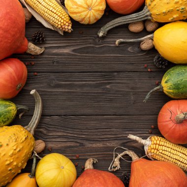 Decorative frame of autumn harvest of pumpkins and corn on vintage wooden background with copy space for text