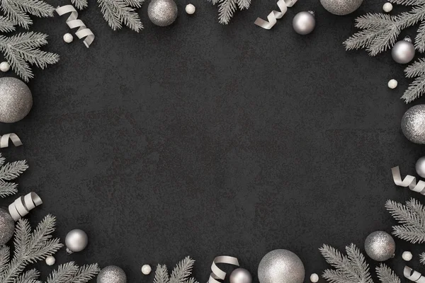 Black Christmas Background Oval Frame Glitter Silver Christmas Ornaments — Stock Photo, Image