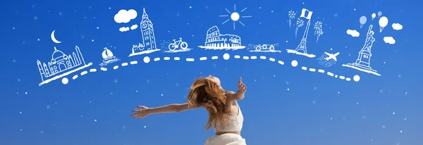 Redhead girl dreaming about traveling around the world. — Stock Photo, Image