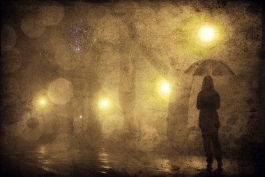 şemsiye, gece sokakta tek kız. gürültü ile fotoğraf.