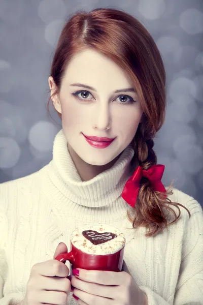 Redhead girl with coffe. St. Valentine Day — Stock Photo, Image