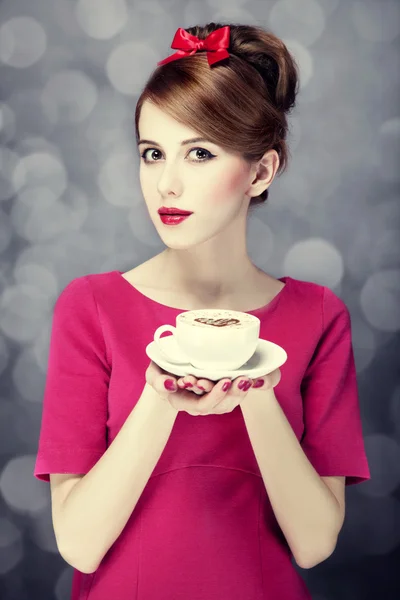 Redhead girl with coffee cup. St. Valentine — Stock Photo, Image