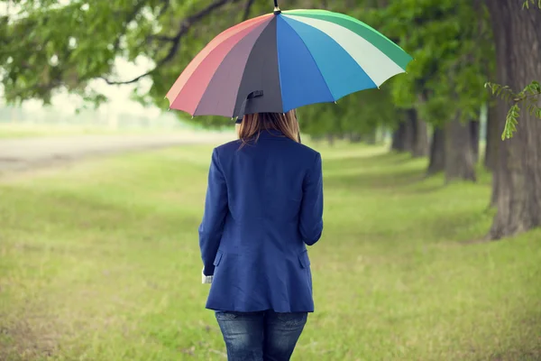 Young fashion girl with umbrella at spring outdoor. — Stock Photo, Image