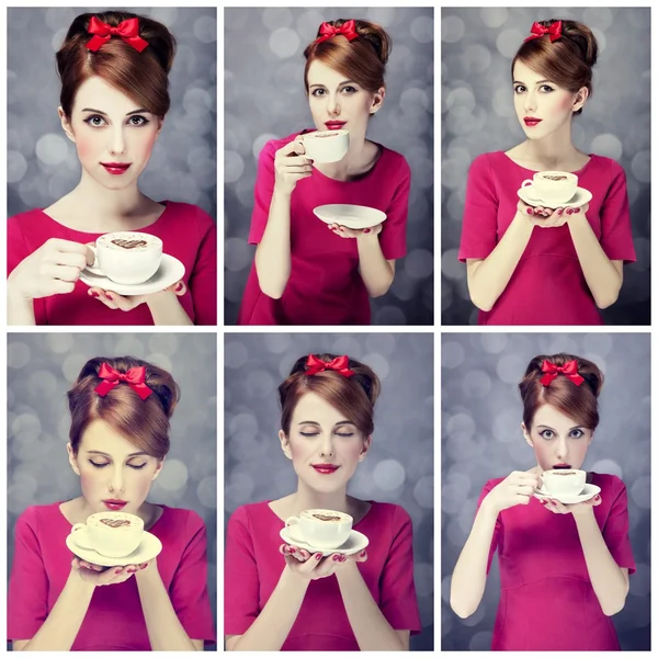 Photo collage - redhead girl with coffee cup. St. Valentine Day — Stock Photo, Image