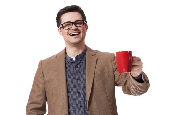 Человек с чашкой чая на белом фоне — стоковое фото