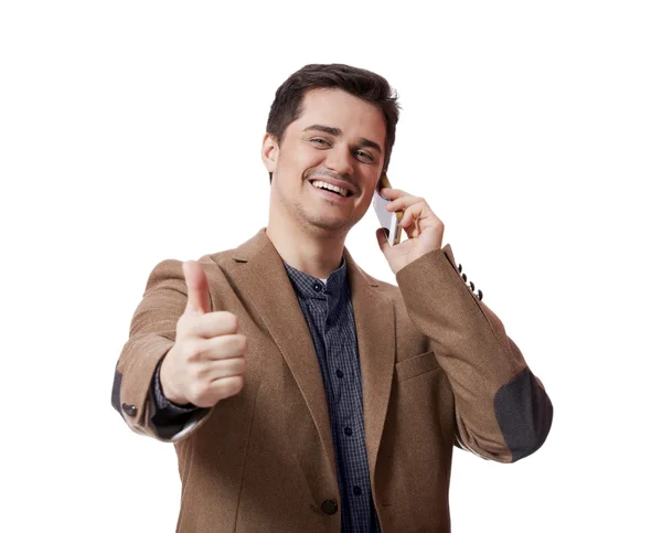 Retrato de homem de negócios usando celular no fundo branco — Fotografia de Stock