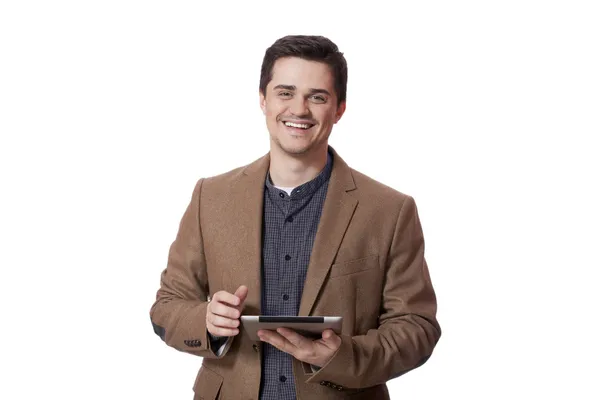 Tablet bilgisayar ile erkek gülümseyen portresi — Stok fotoğraf