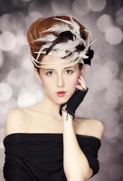 Redhead girl with Rococo hair style at vintage background. Photo — Stock Photo, Image