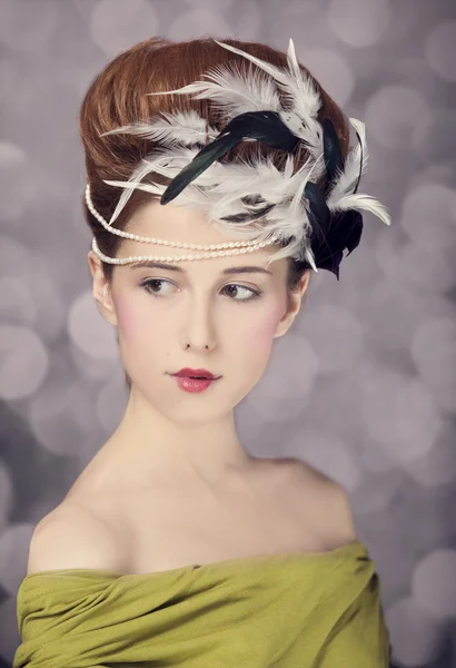 Redhead girl with Rococo hair style at vintage background. Photo — Stock Photo, Image