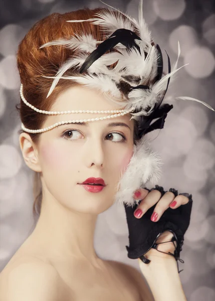 Redhead girl with Rococo hair style at vintage background. Photo — Stock Photo, Image